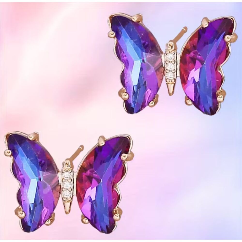 Sapphire Blue & Clear Stones Gold Butterfly Earrings